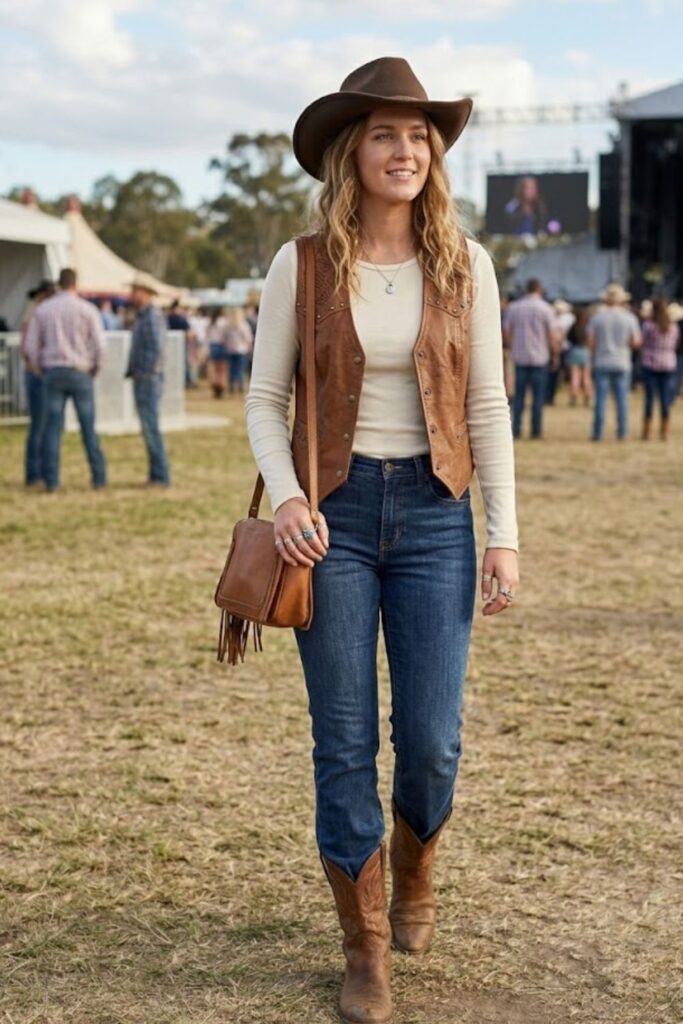 11. Western Vest Over a Fitted Long-Sleeve Top