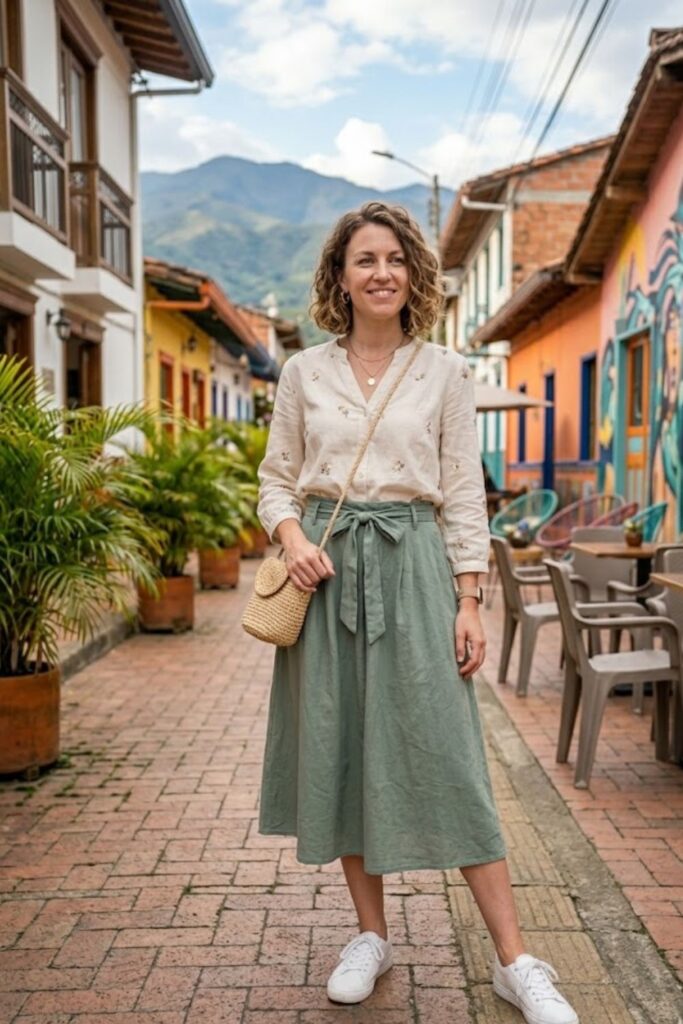 12. Casual Blouse with Midi Skirt