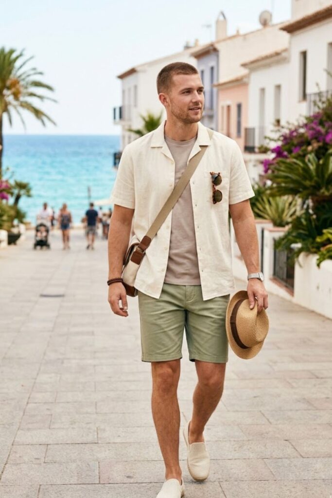 12. Casual Button-Up Shirt with Shorts
