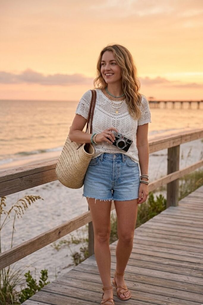 11. Crochet Top with Denim Shorts