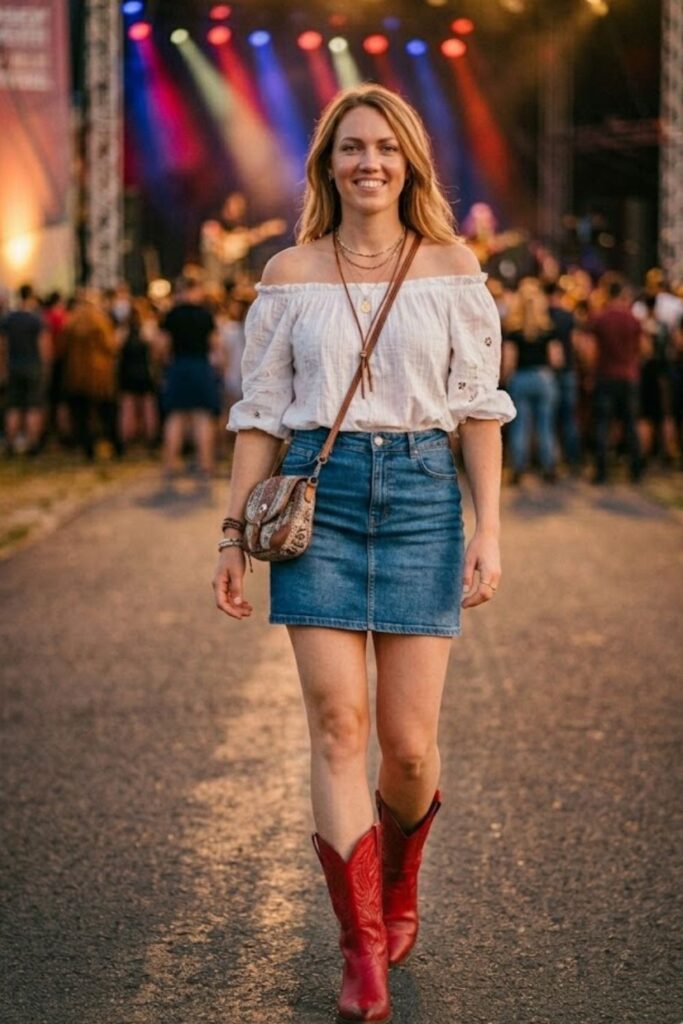 12. Red Boots with a Denim Skirt and Off-Shoulder Top