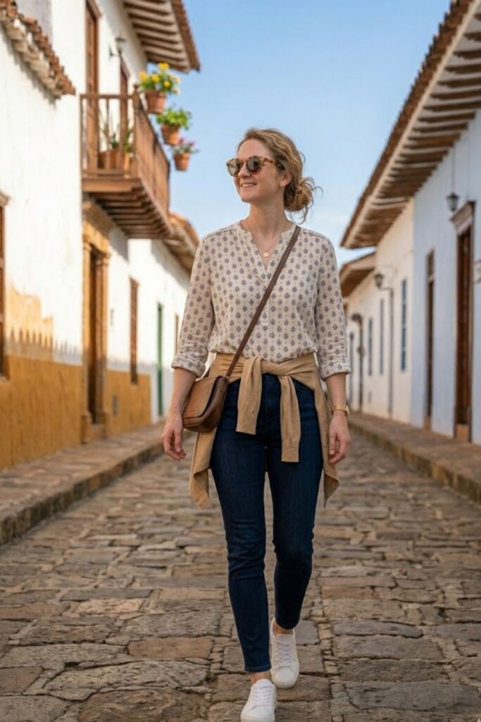 13. Blouse with High-Waisted Jeans