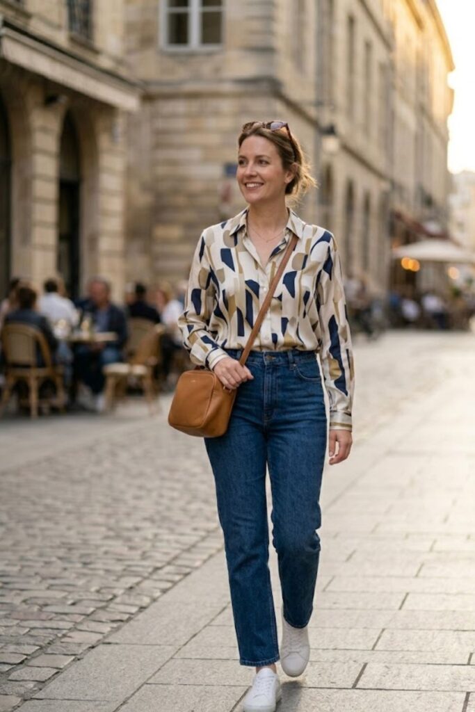 13. Blouse with High-Waisted Jeans