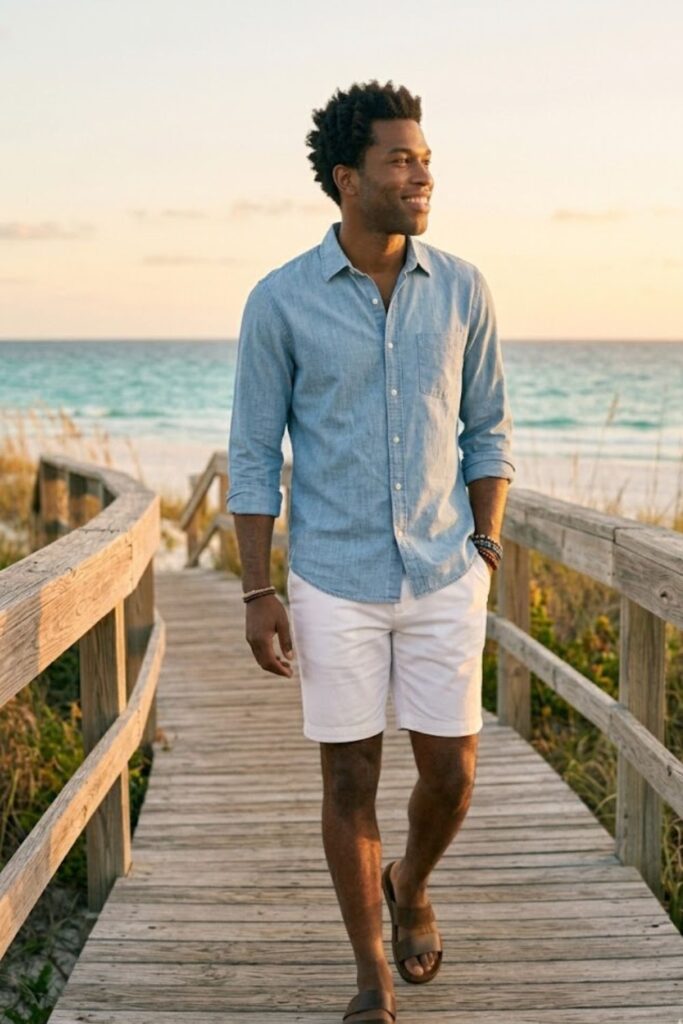 13. Chambray Shirt with White Shorts