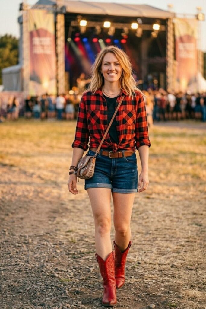 13. Red Boots with a Flannel and Cutoff Shorts