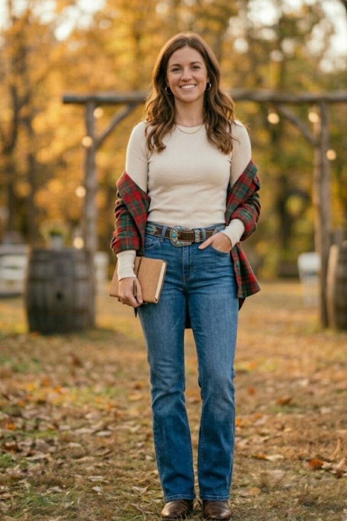 13. Statement Belt and Bootcut Jeans