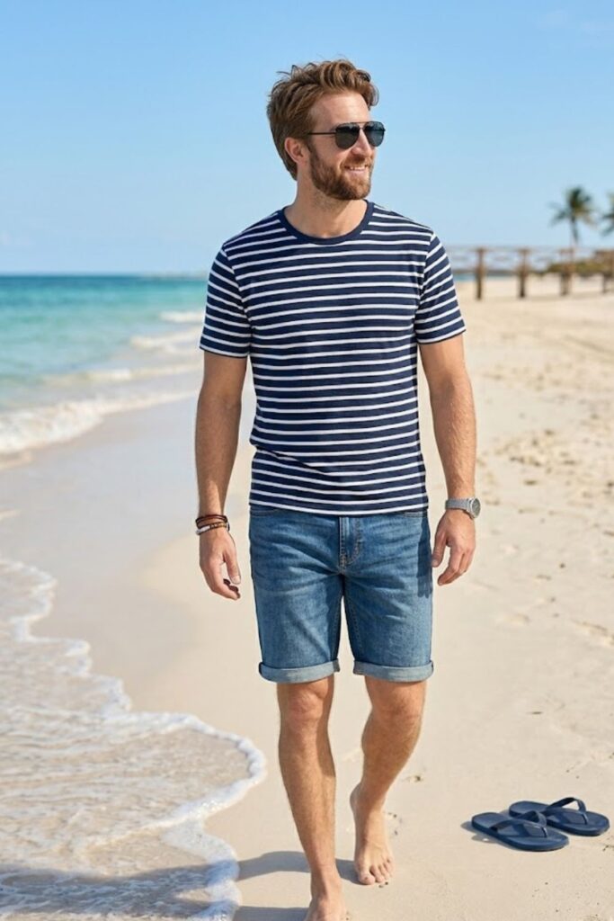 13. Striped Tee with Denim Shorts