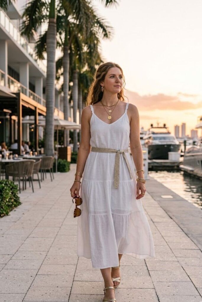 13. White Dress with Gold Accessories