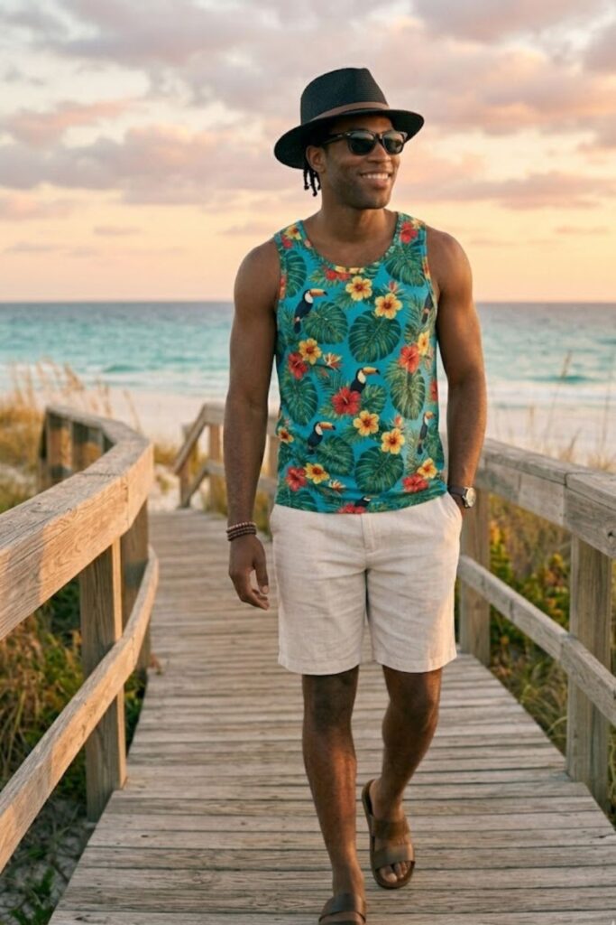14. Hawaiian Print Tank with Linen Shorts