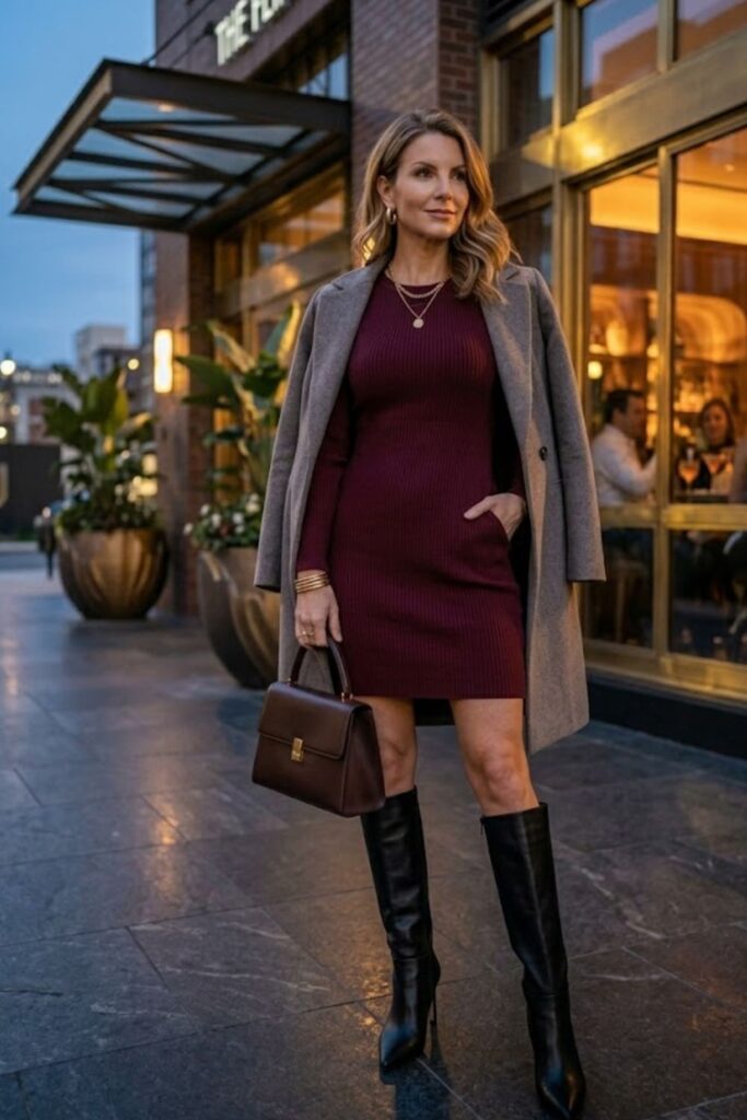 14. Knit Bodycon Dress with Knee-High Boots
