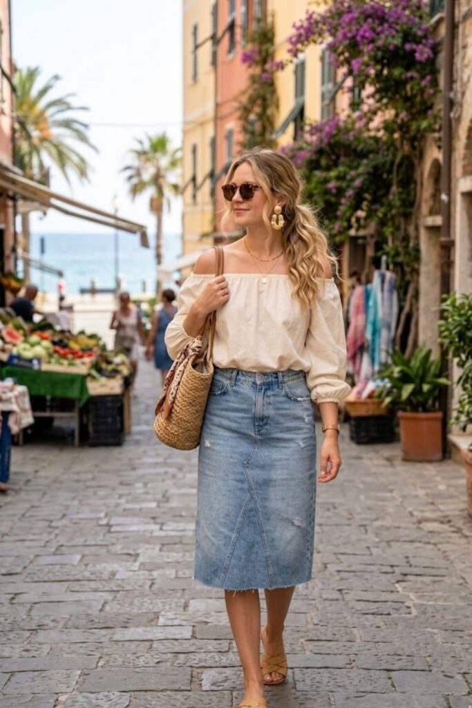 14. Off-Shoulder Top with Denim Skirt