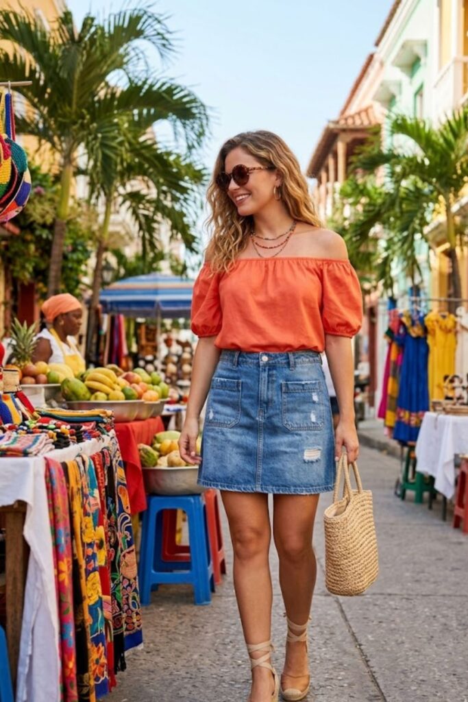 14. Off-Shoulder Top with Denim Skirt