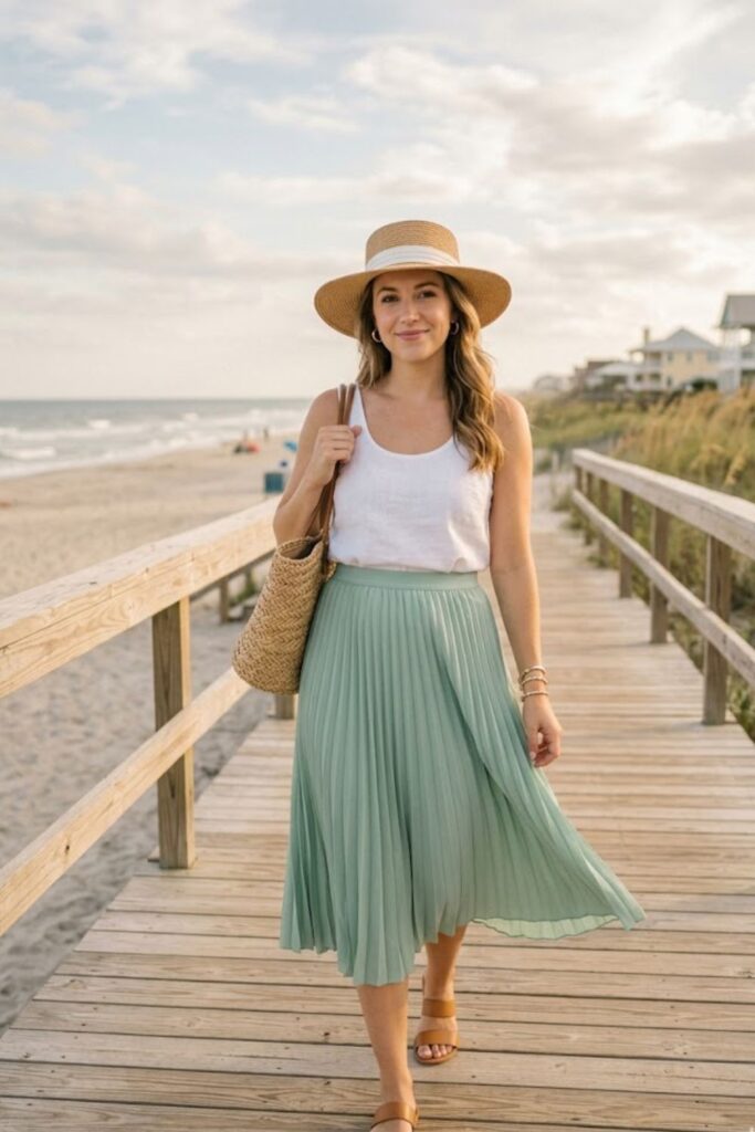 14. Pleated Midi Skirt with Tank Top