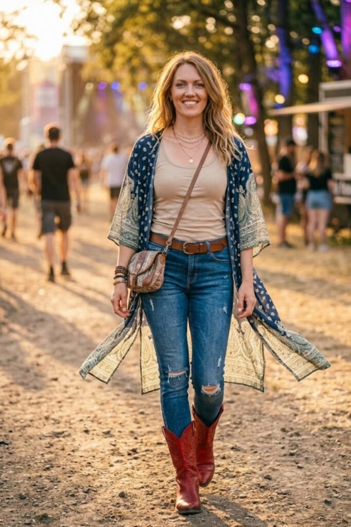 14. Red Boots with a Boho Kimono and Jeans