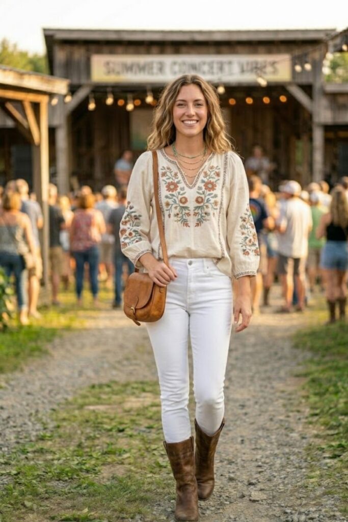 14. White Jeans and Rustic Blouse