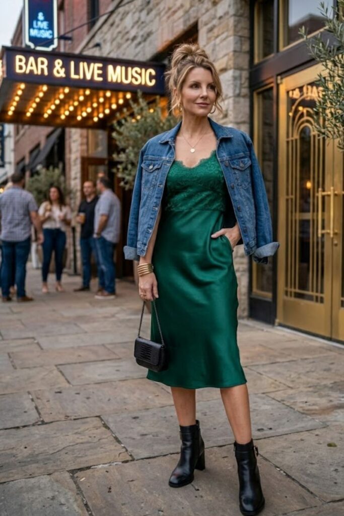 15. Denim Jacket with Party Dress