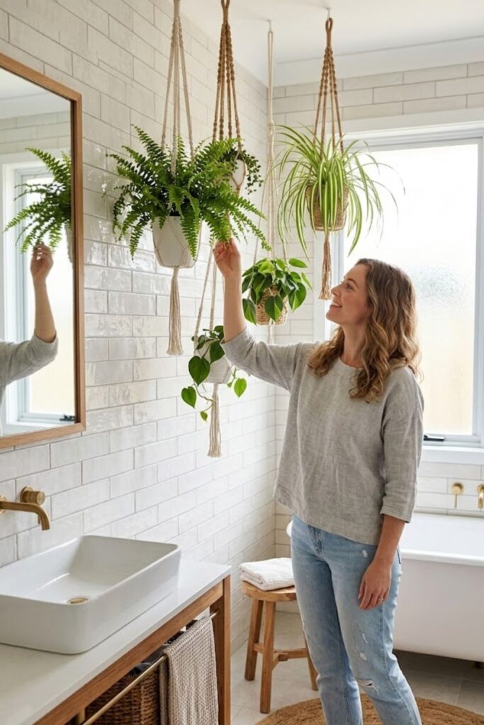 15. Hanging Planters in the Bathroom