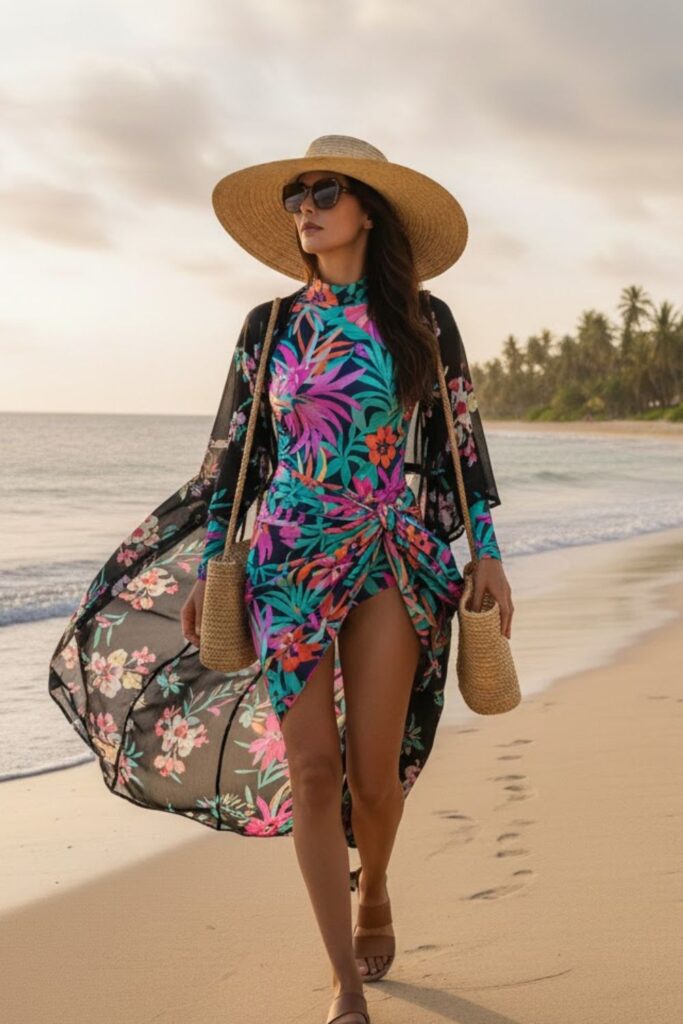 15. Kimono Cover-Up with Long Sleeve Swimsuit