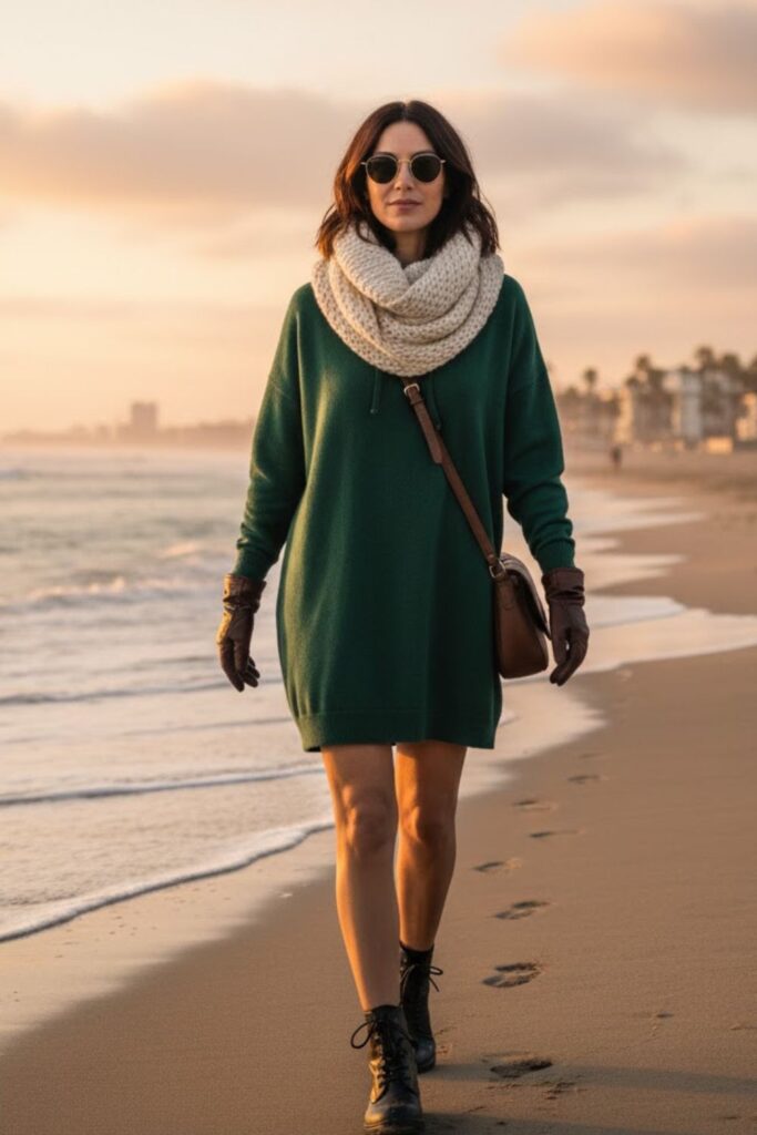 15. Layered Hoodie Dress with Knit Scarf
