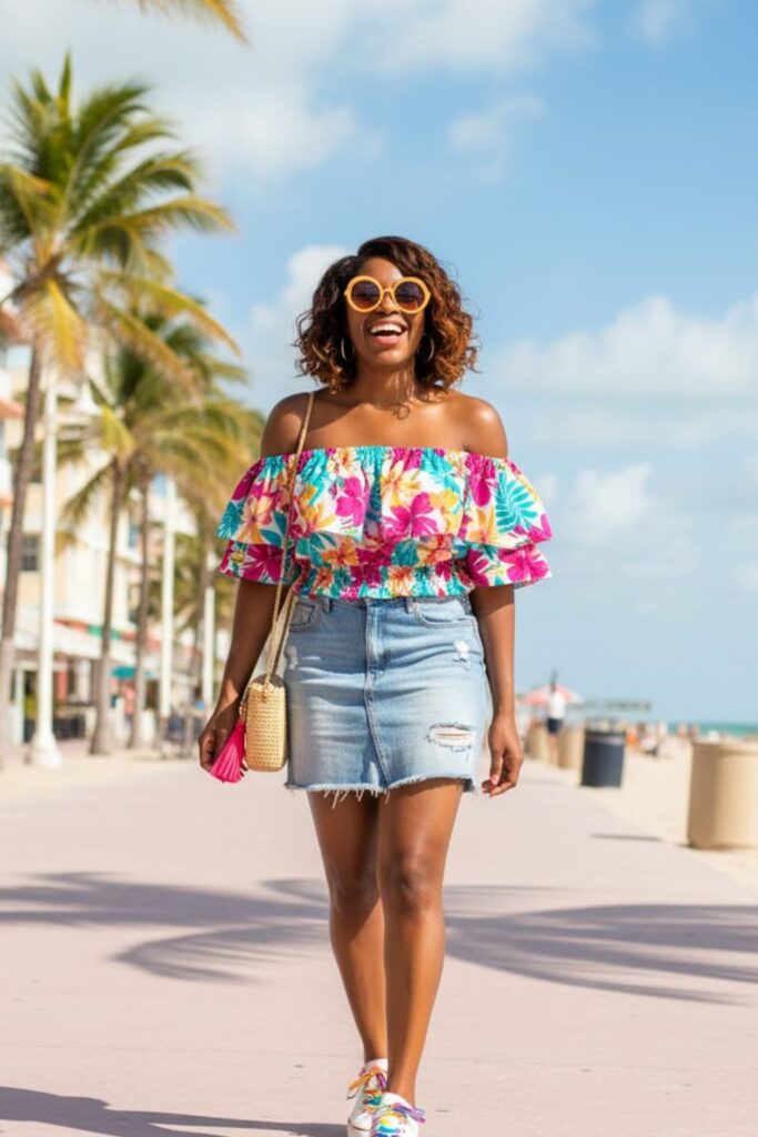 15. Off-Shoulder Top with Denim Skirt