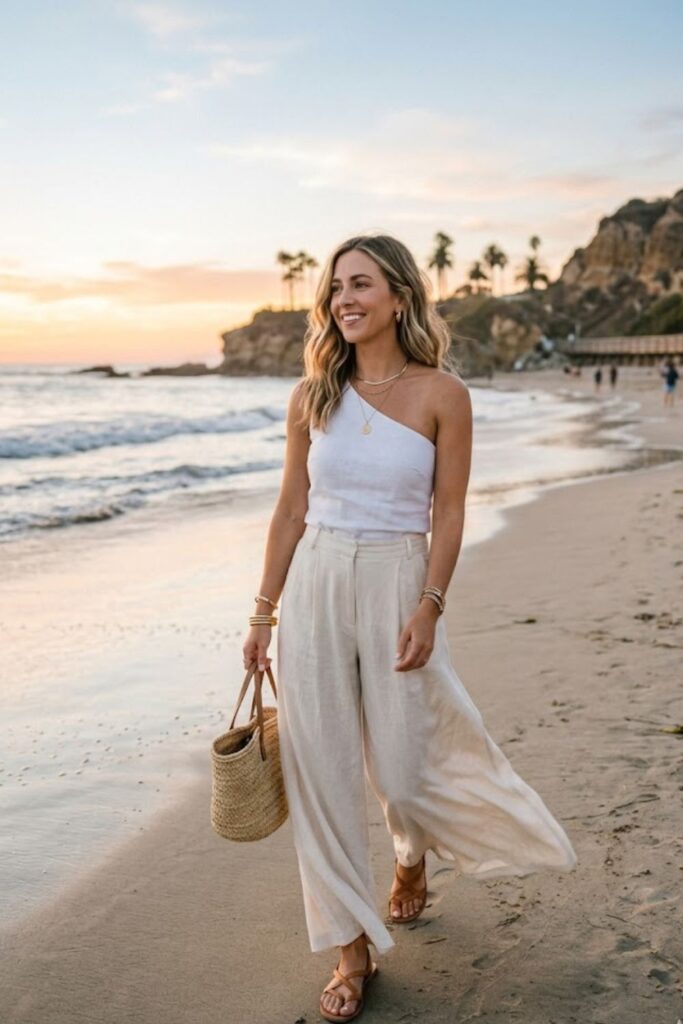 15. One-Shoulder Top with Flowing Pants