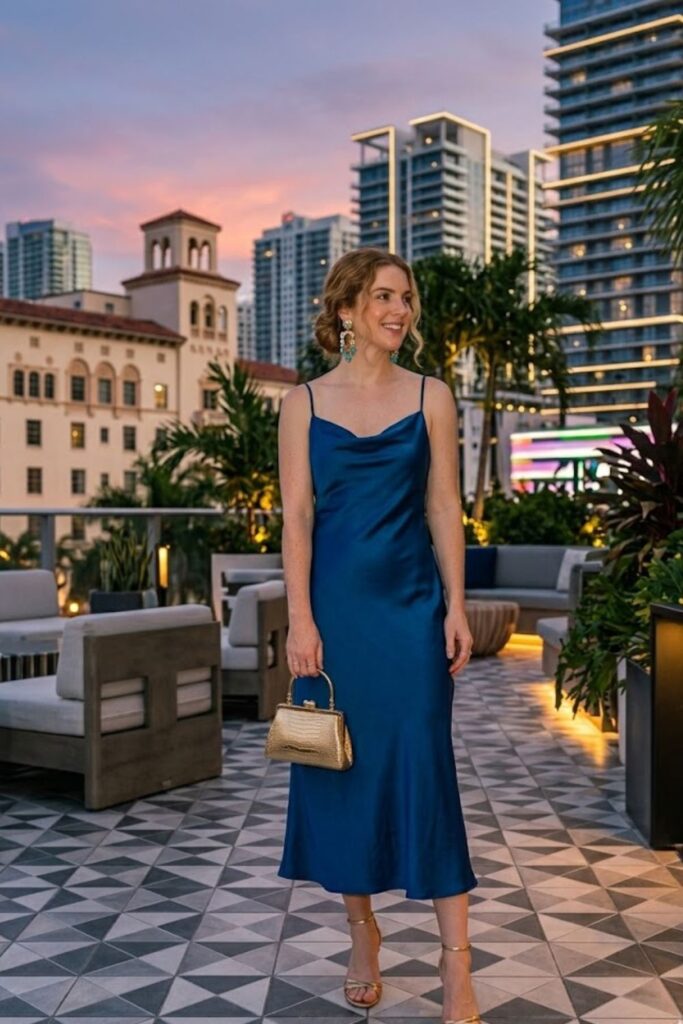 15. Satin Dress with Strappy Heels