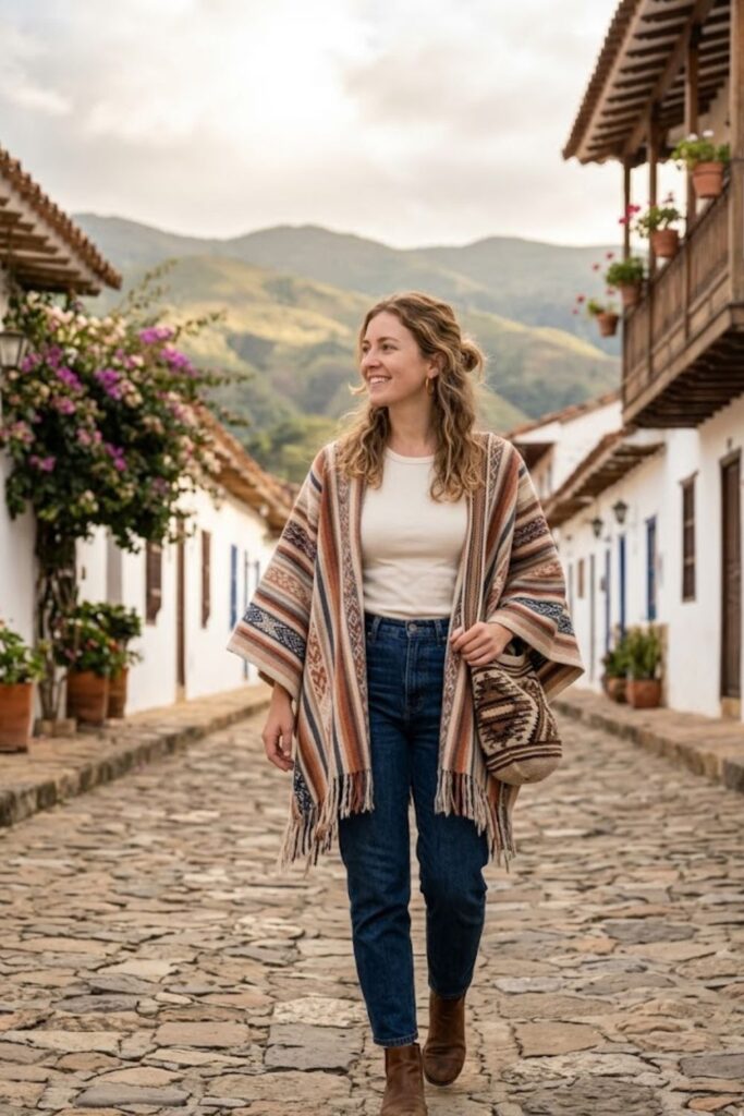 15. Traditional-Inspired Outfit with Ruana Layer