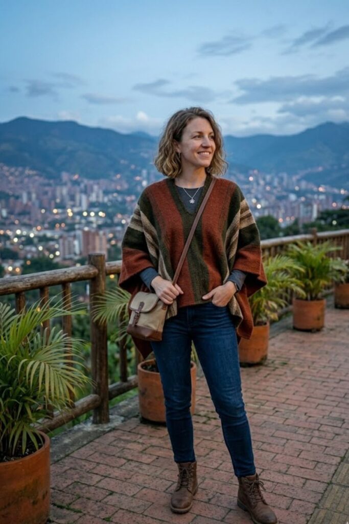 15. Traditional Ruana Layer with Casual Outfit