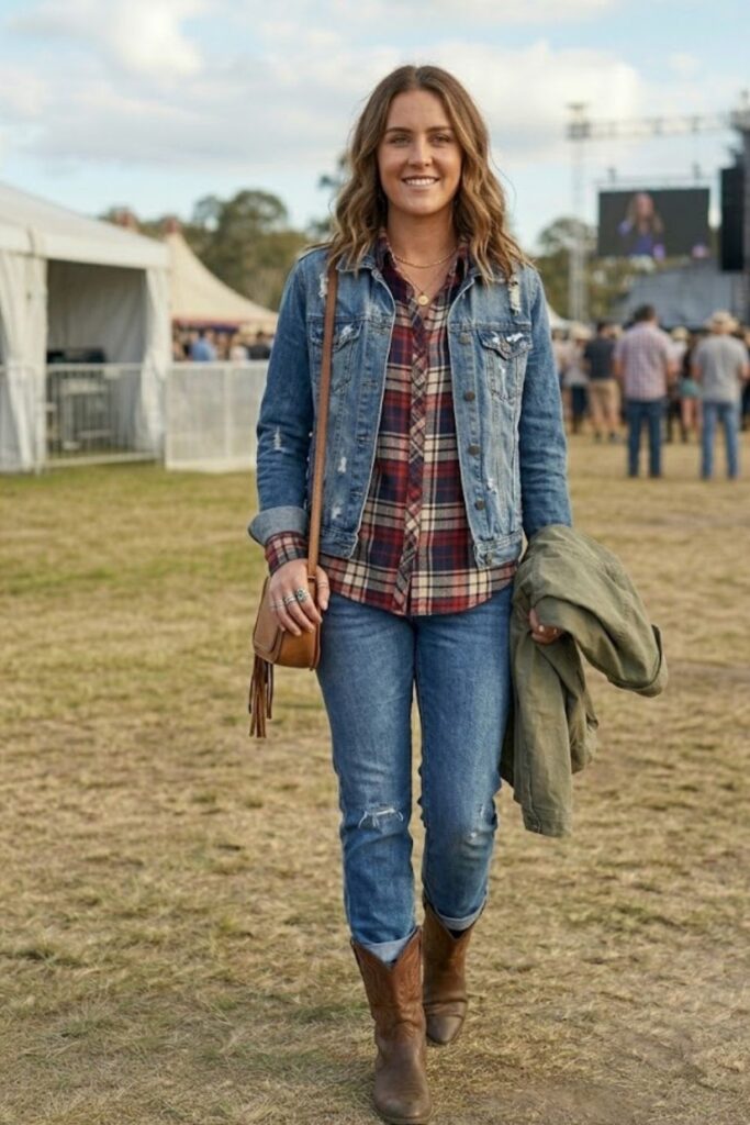 2. Denim Jacket Layered Over Plaid Shirt