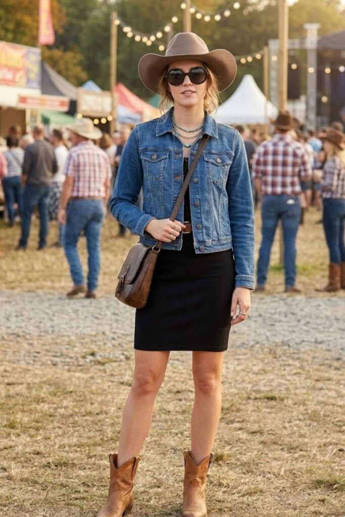 2. Denim Jacket and Black Skirt Combo