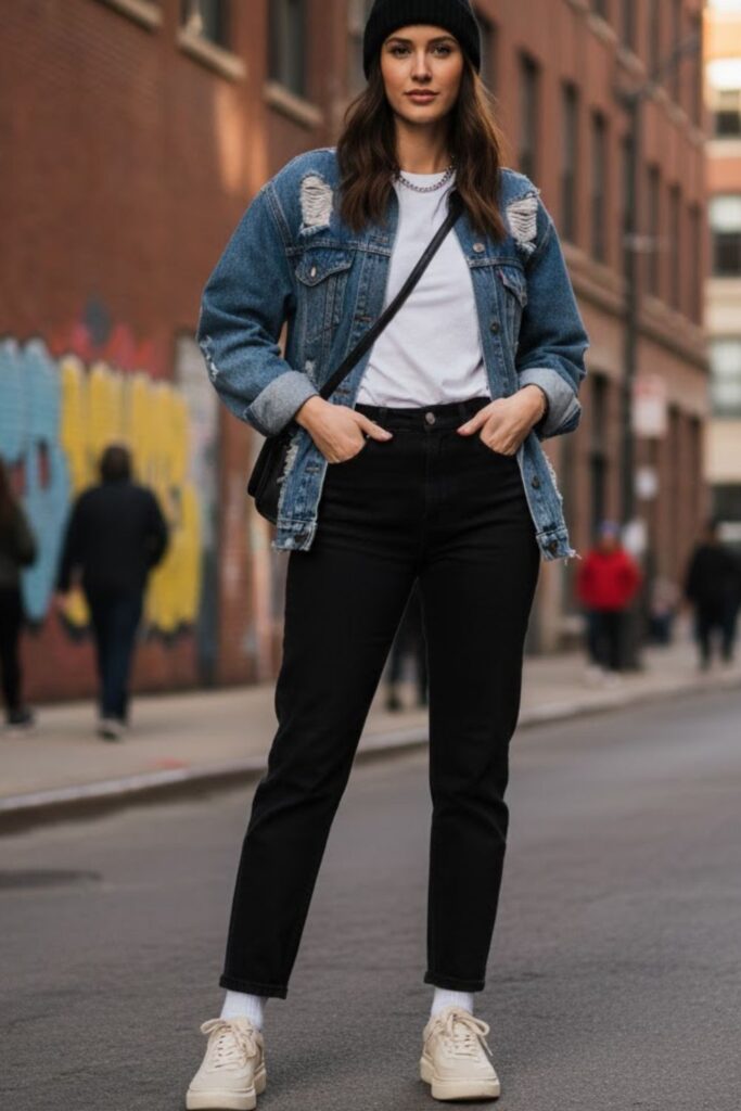 2. Distressed Denim Jacket with Black Jeans