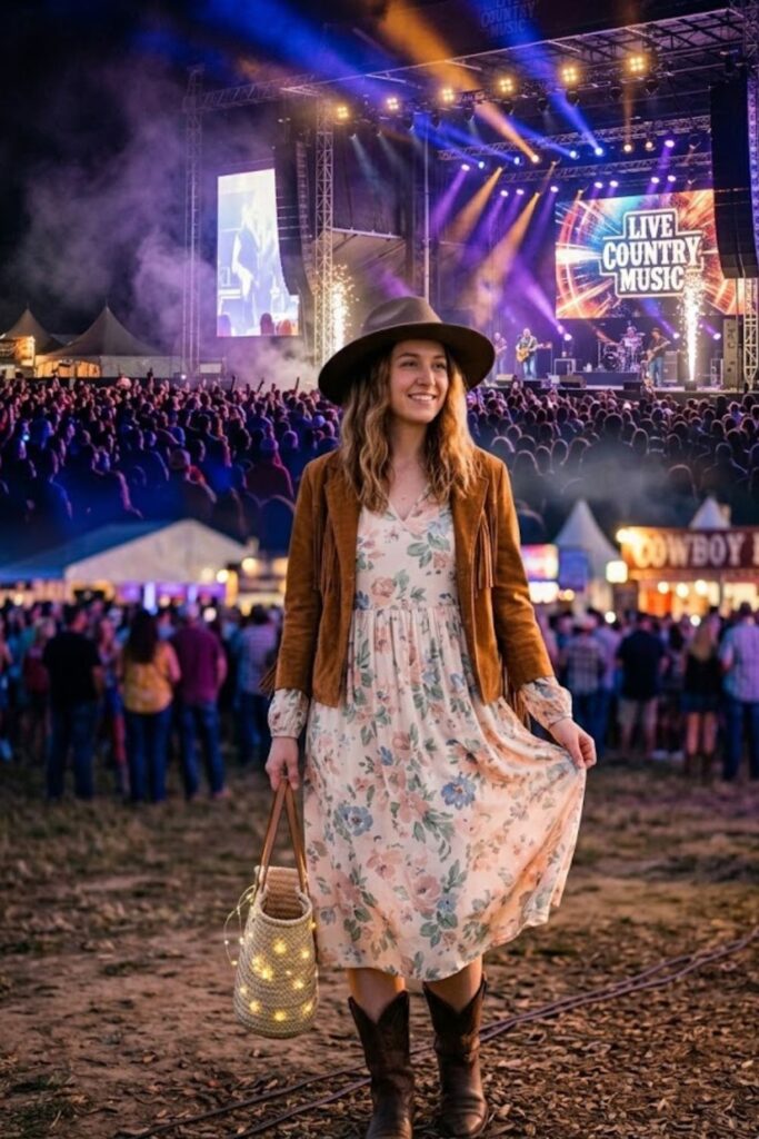 2. Flowy Floral Dress with Western Boots