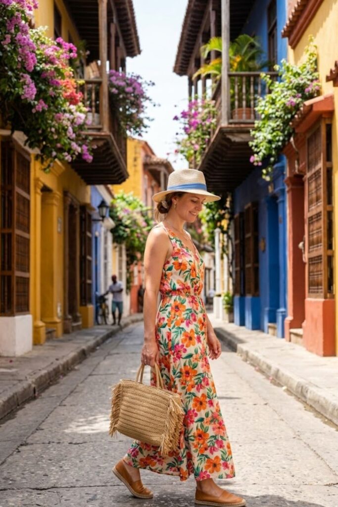 2. Flowy Maxi Dress with Straw Hat
