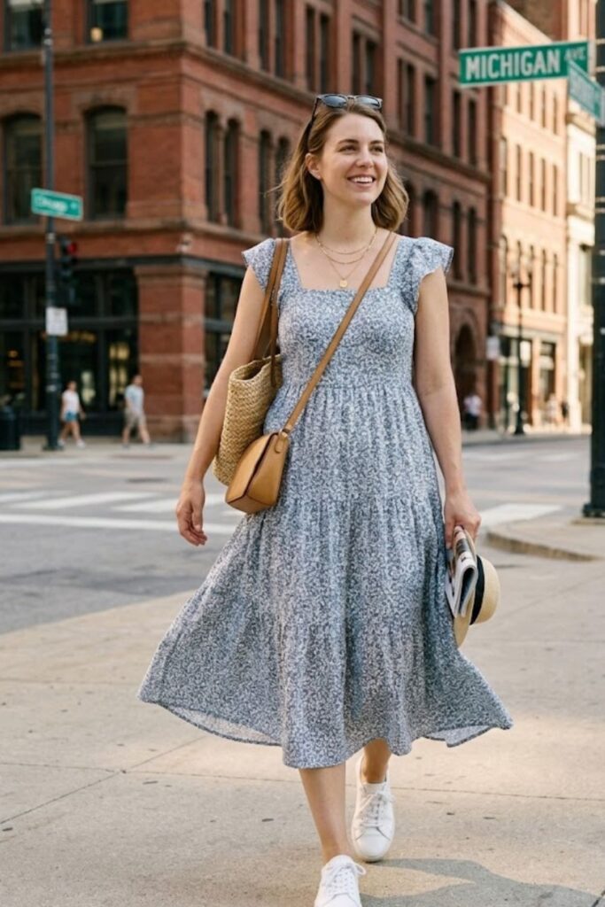 2. Flowy Midi Dress with Sneakers