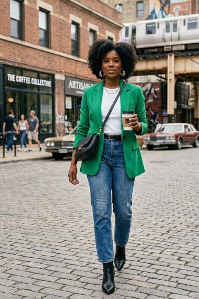 2. Green Blazer with High-Waisted Jeans