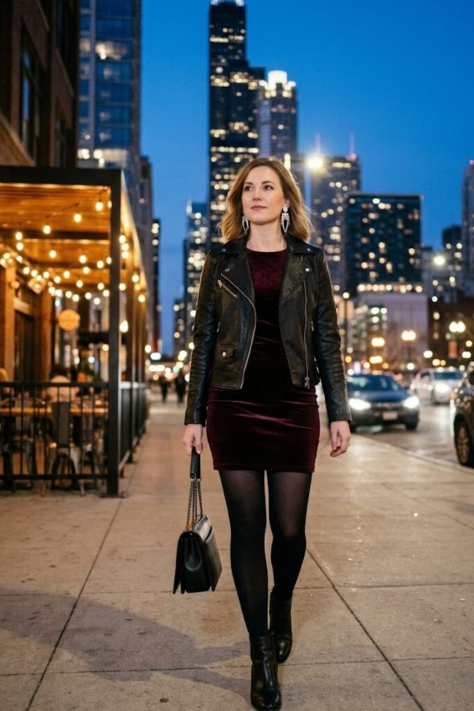 2. Leather Jacket with Mini Dress