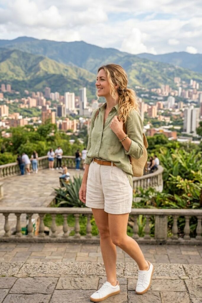 2. Linen Shirt and High-Waist Shorts