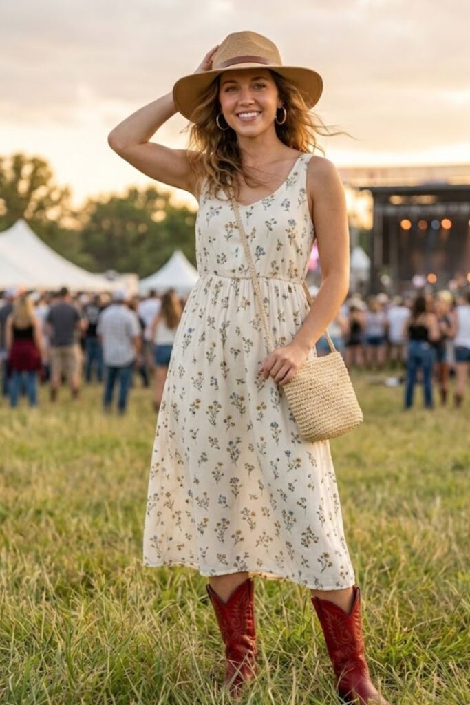 2. Red Boots with a Flowy Floral Dress