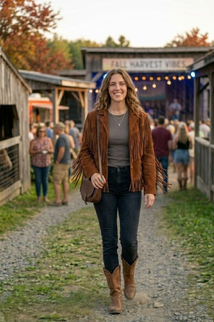 2. Suede Fringe Jacket and Skinny Jeans