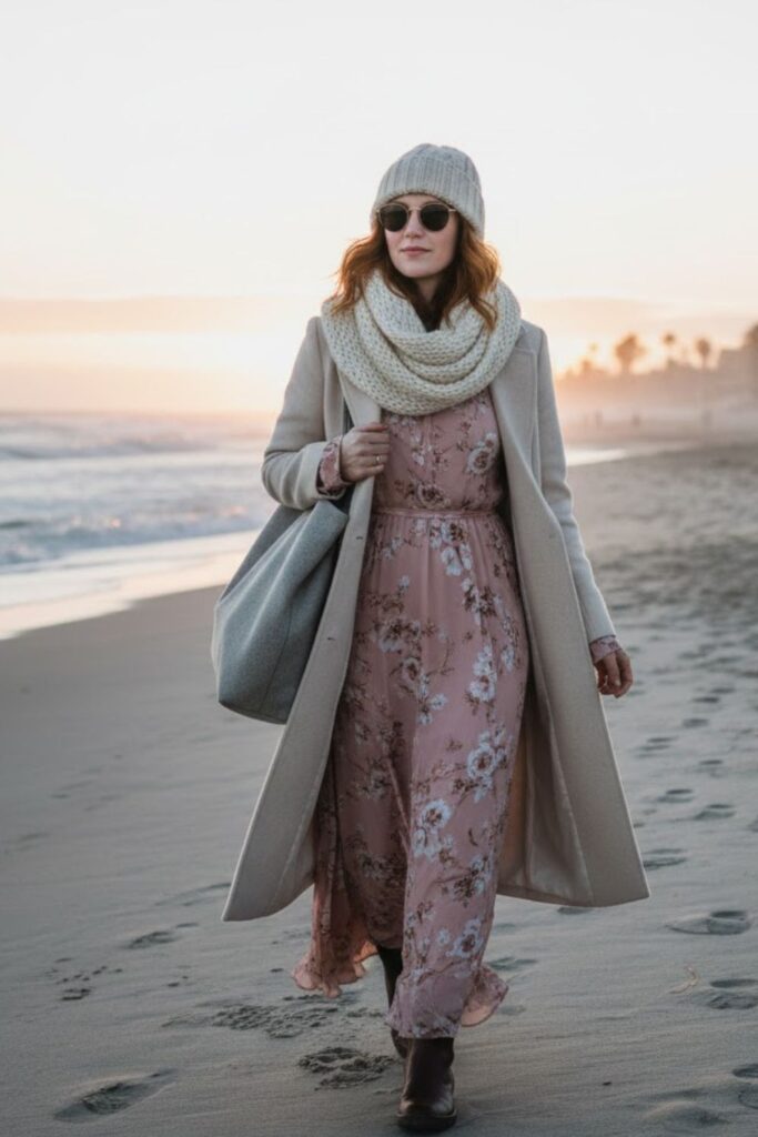 2. Wool Coat Over Maxi Dress