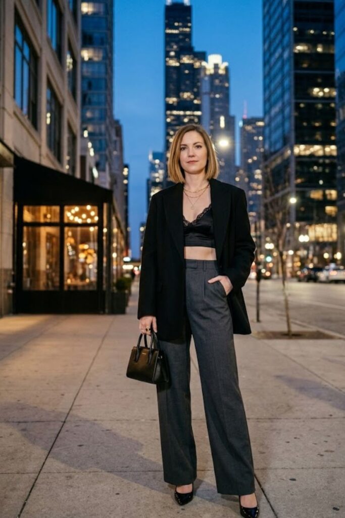 3. Blazer and Bralette with High-Waisted Pants