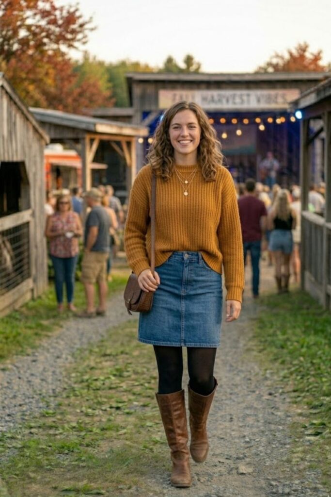 3. Cozy Knit Sweater with Denim Skirt