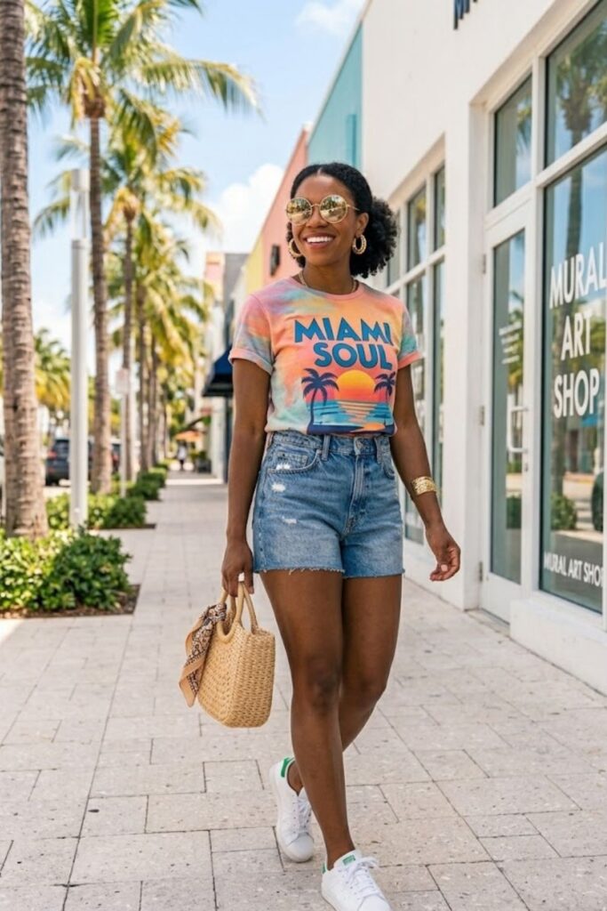 3. Denim Shorts with Graphic Tee