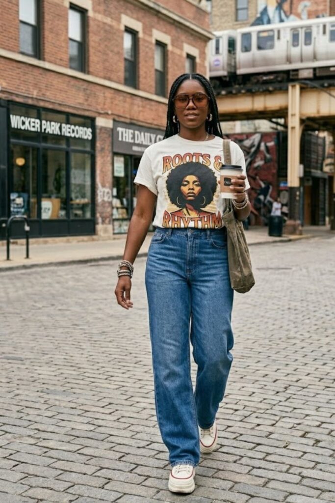 3. Graphic Tee with Wide-Leg Jeans