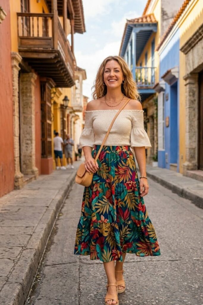 3. Off-Shoulder Top with A-Line Skirt