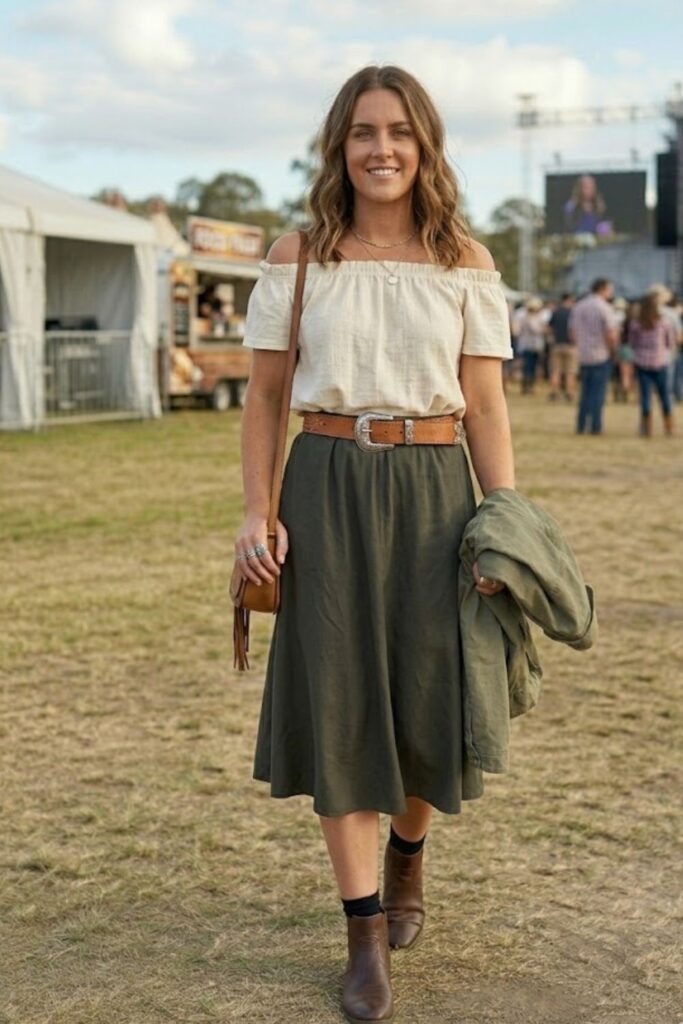3. Off-Shoulder Top with Midi Skirt