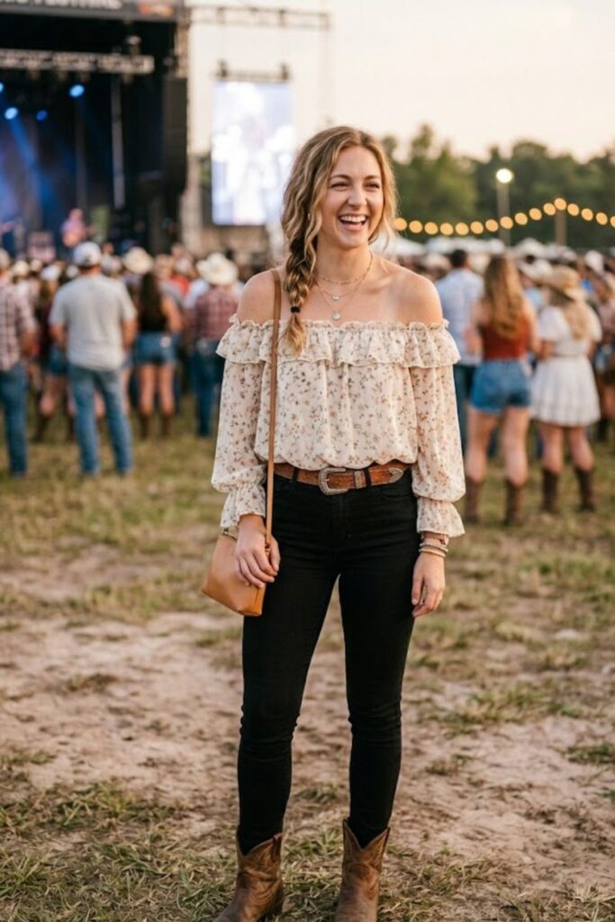 3. Off-the-Shoulder Blouse and Black Jeans