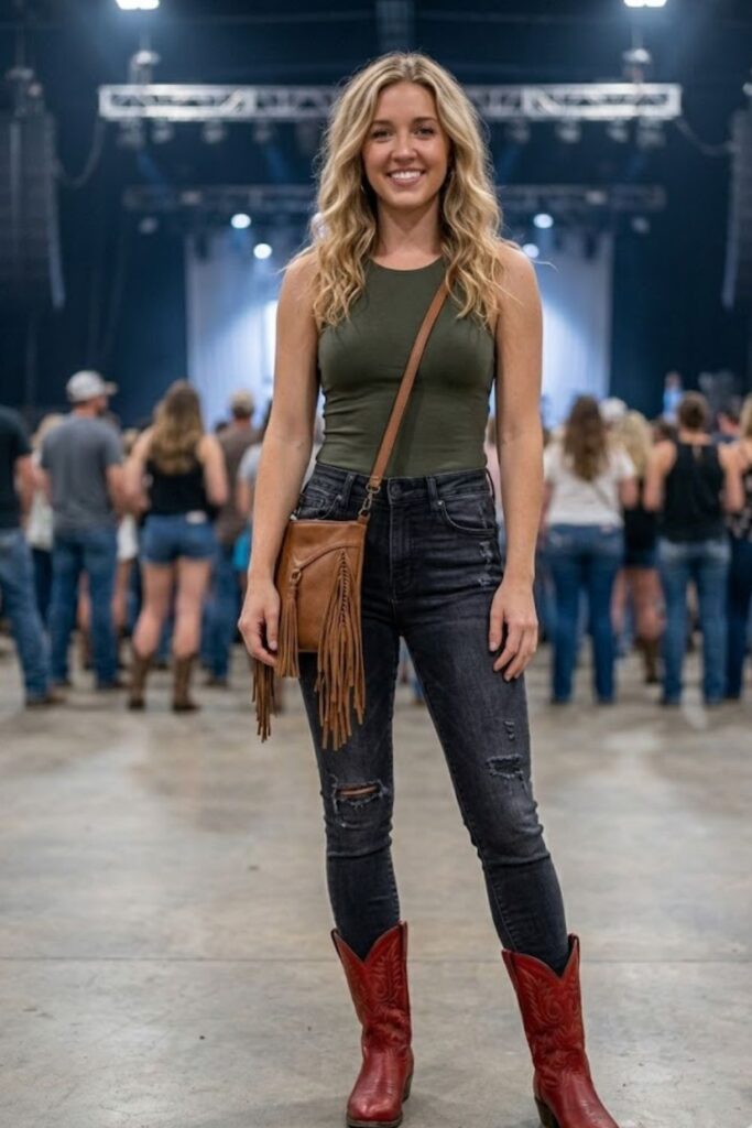 3. Red Boots with Distressed Skinny Jeans