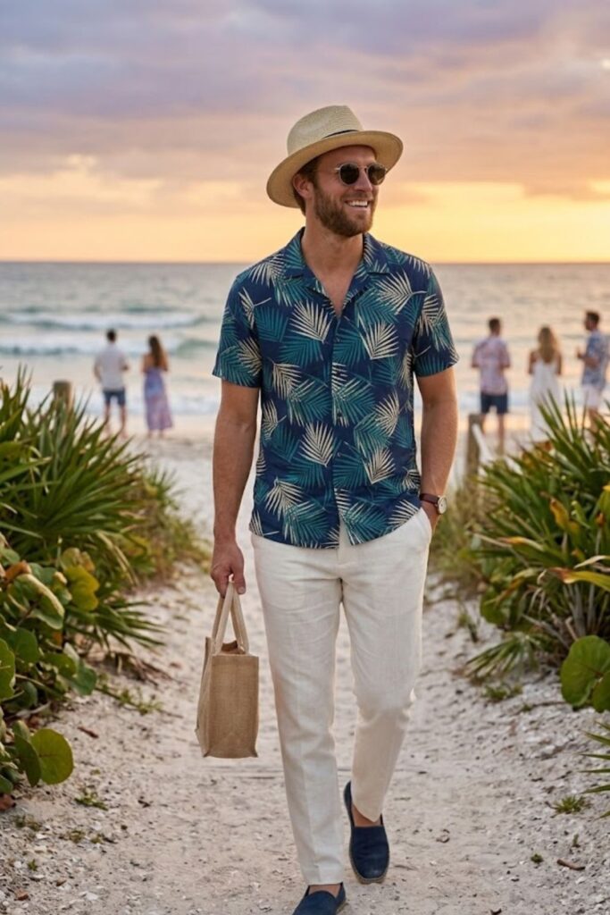 3. Short-Sleeve Printed Shirt with Linen Pants