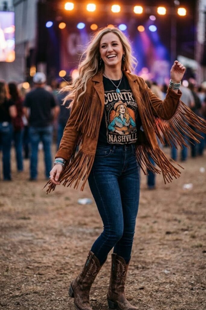 4. Fringe Jacket and Graphic Tee Ensemble